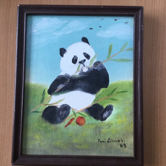Original oil painting "panda in meadow" canvas board signed framed small - Picture 3 of 4